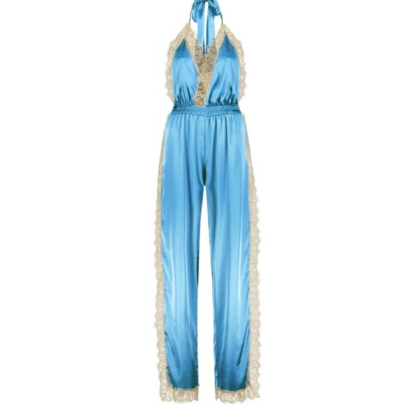Noblesse Oblige Duck Egg Blue Long Open Leg Romper Halter Top Lace Silk Sz Small - Picture 1 of 16